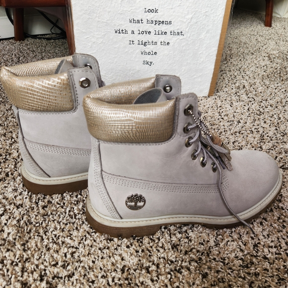 Timberland Women's Light Gray and Gold Moto Boots - Picture 1 of 6